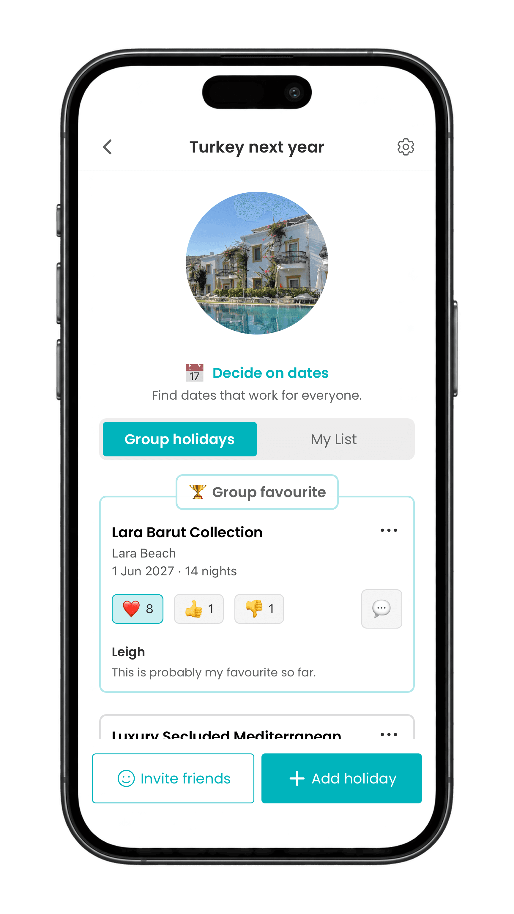 Holiboss app showing group voting on favorite vacations